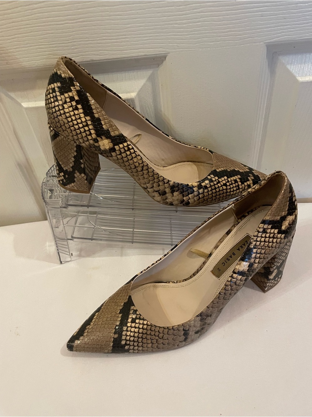 Zara Taupe and Black Snake-Print Pointed Block Heel Pumps